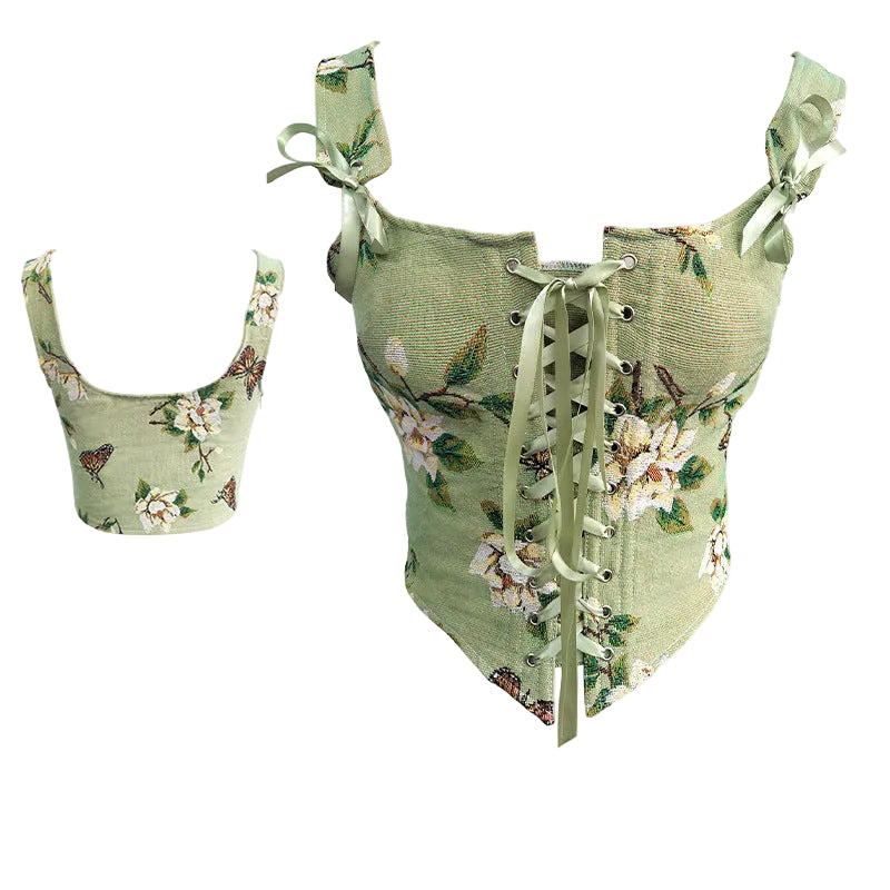 Retro Butterfly Jacquard Corset with Structural Boning