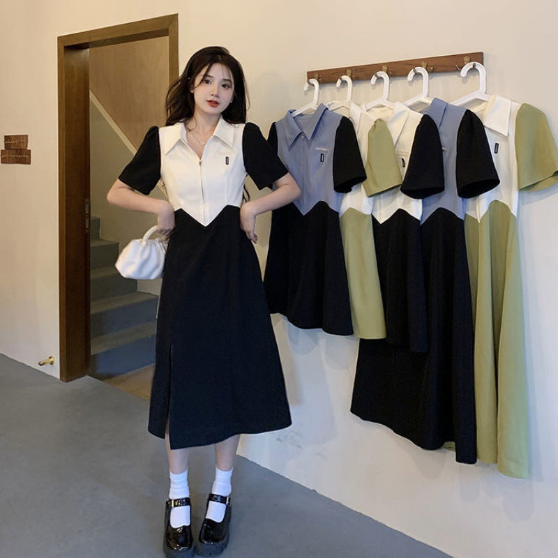 ~Contrast Stitching Polo Knit Dress with Defined Waist