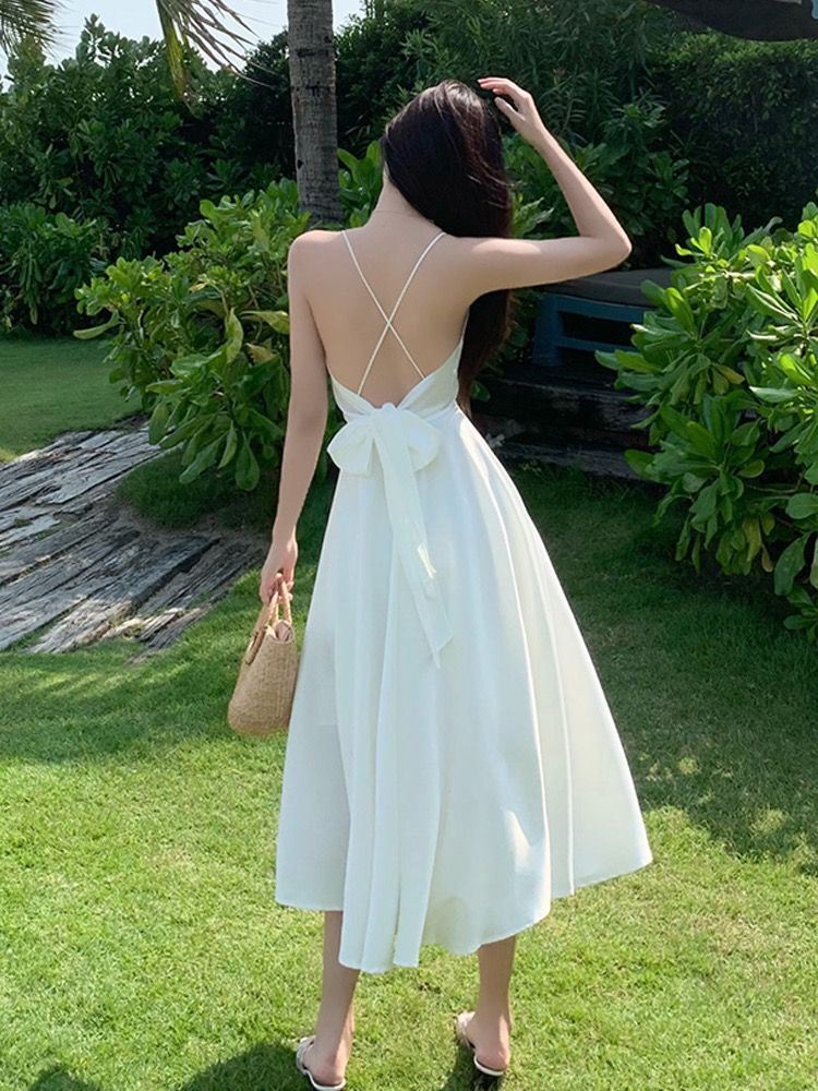 White Backless Silk-Blend Maxi Dress for Seaside Travel