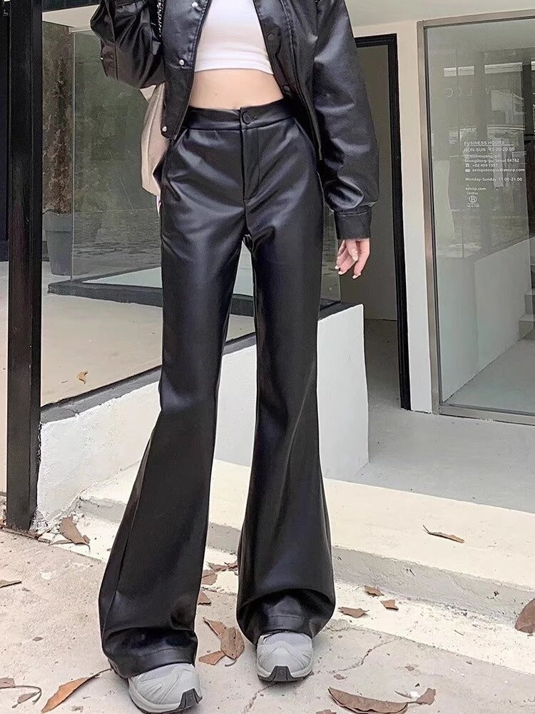 High-Waisted Vegan Leather Flared Trousers in Onyx