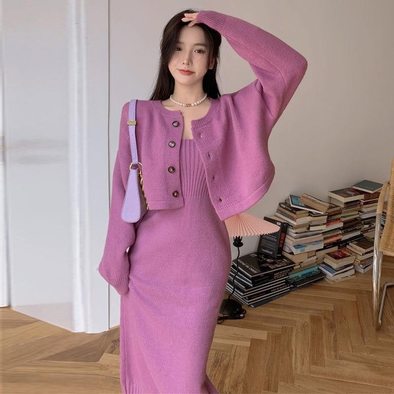 Ribbed Knit Long Sleeve Sling Dress with Niche Cut-Out Detail