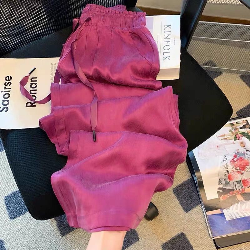 High-Waisted Purple Ice Silk Satin Wide-Leg Trousers
