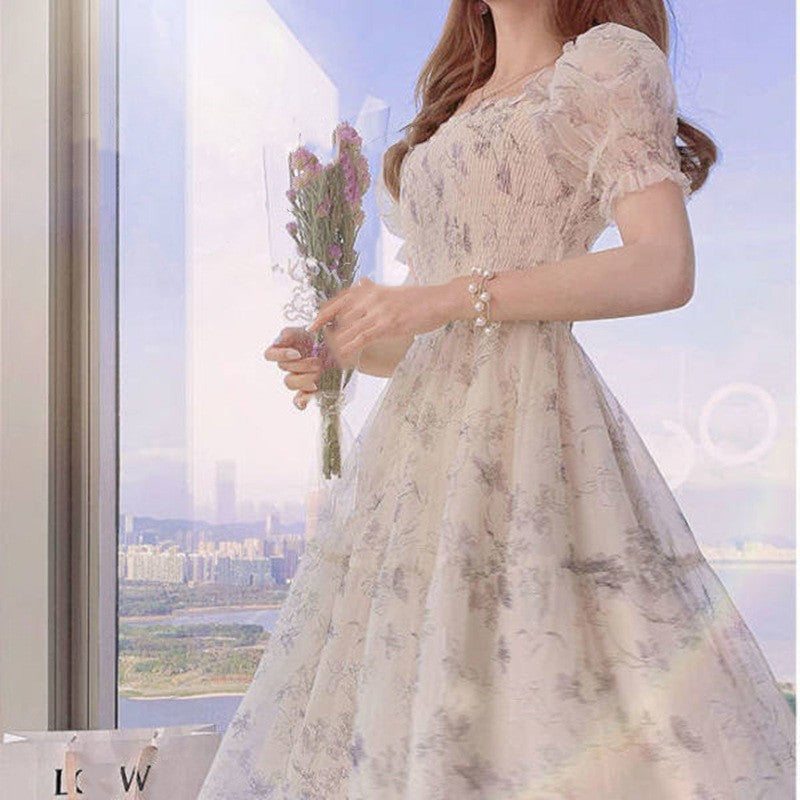 French Ink Painting White Chiffon Slimming Dress