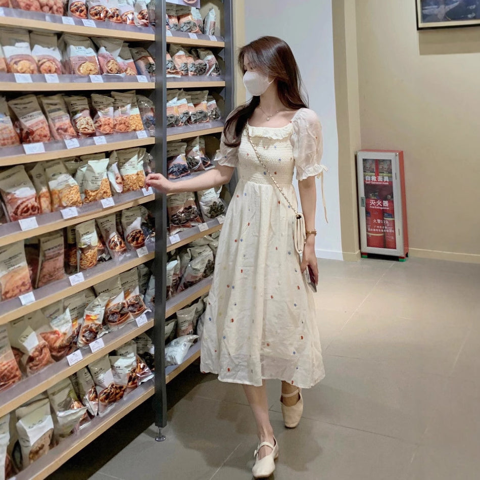 Square Collar Floral Tight Waist Mid-Length Dress