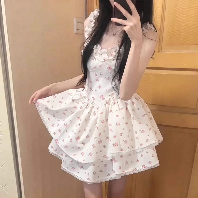 French Style White Floral Sling Princess Dress