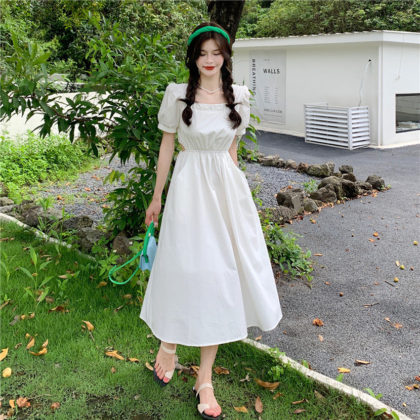 Puff Sleeve Elegant Slimming Mid-Length Dress
