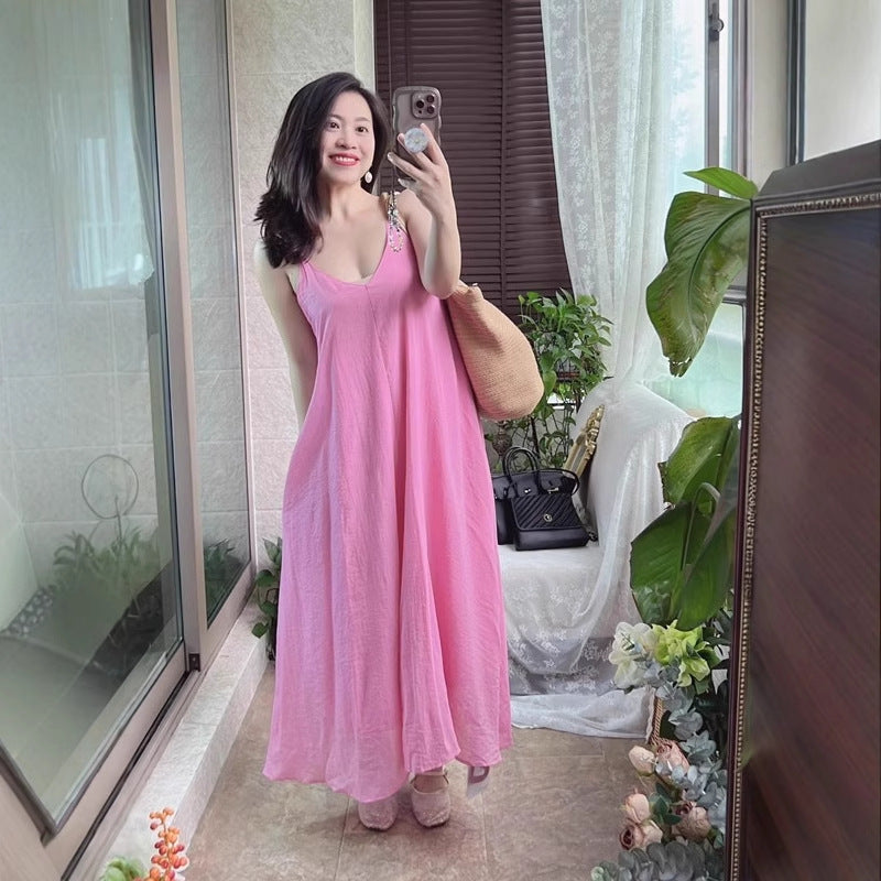 French Style Pink Slip Holiday Long Dress