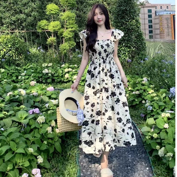 French Floral Chiffon Midi Dress with Flying Sleeves