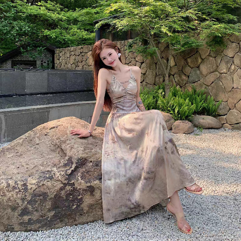 French Style Backless Sling Mid-Length Dress