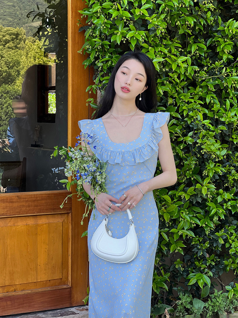French Floral Ruffle Midi Lace Strap Dress