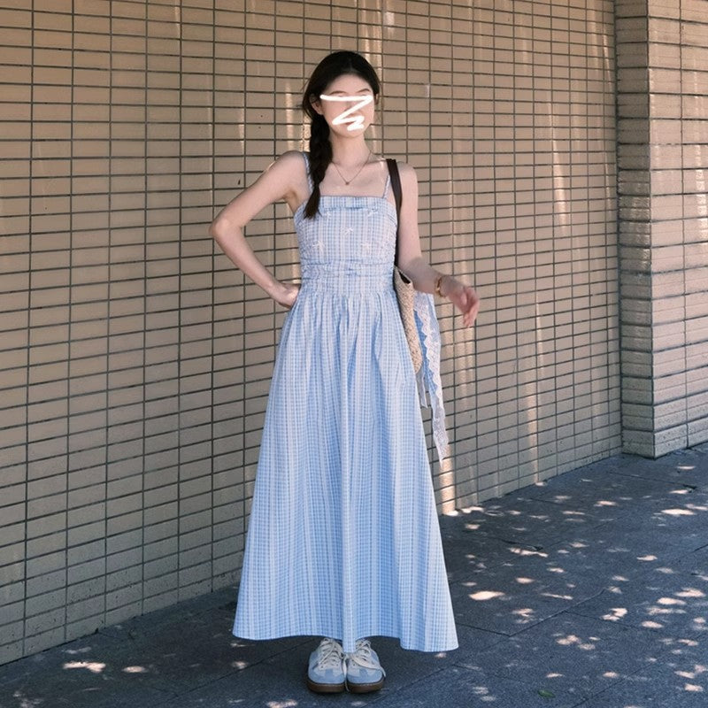 French Style Blue Plaid Strapless Sling Dress