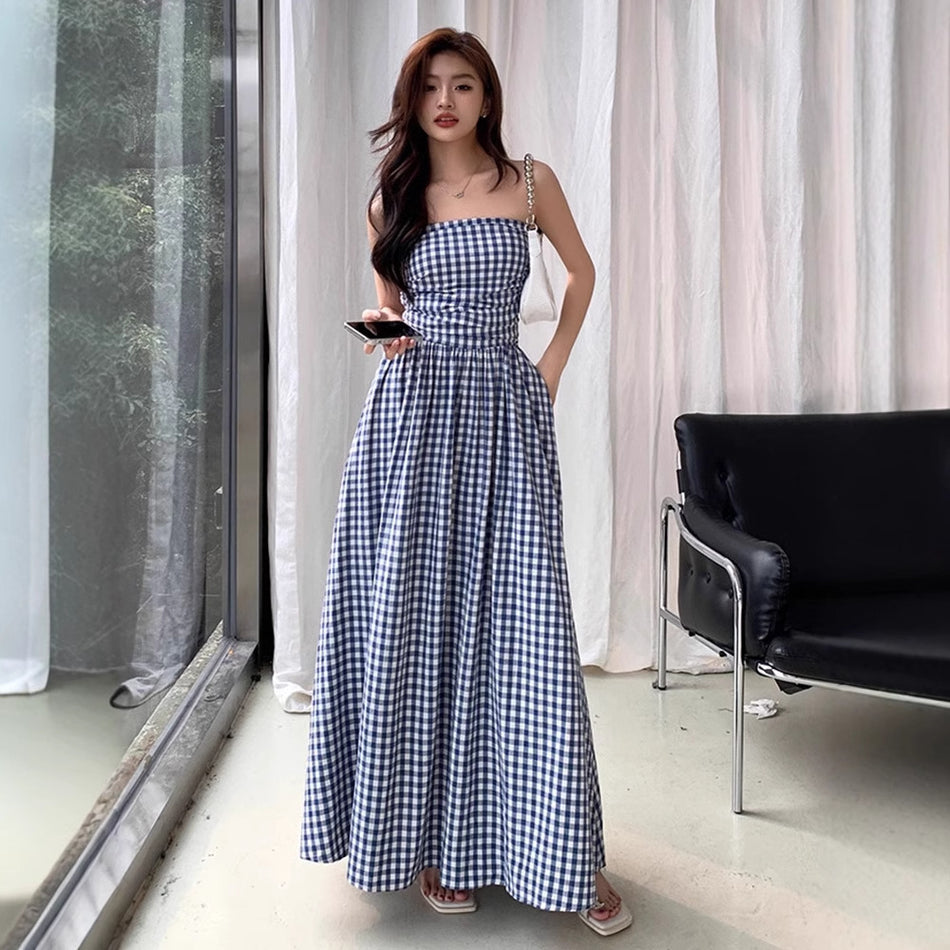 French Elegant Plaid Off-Shoulder Long Dress