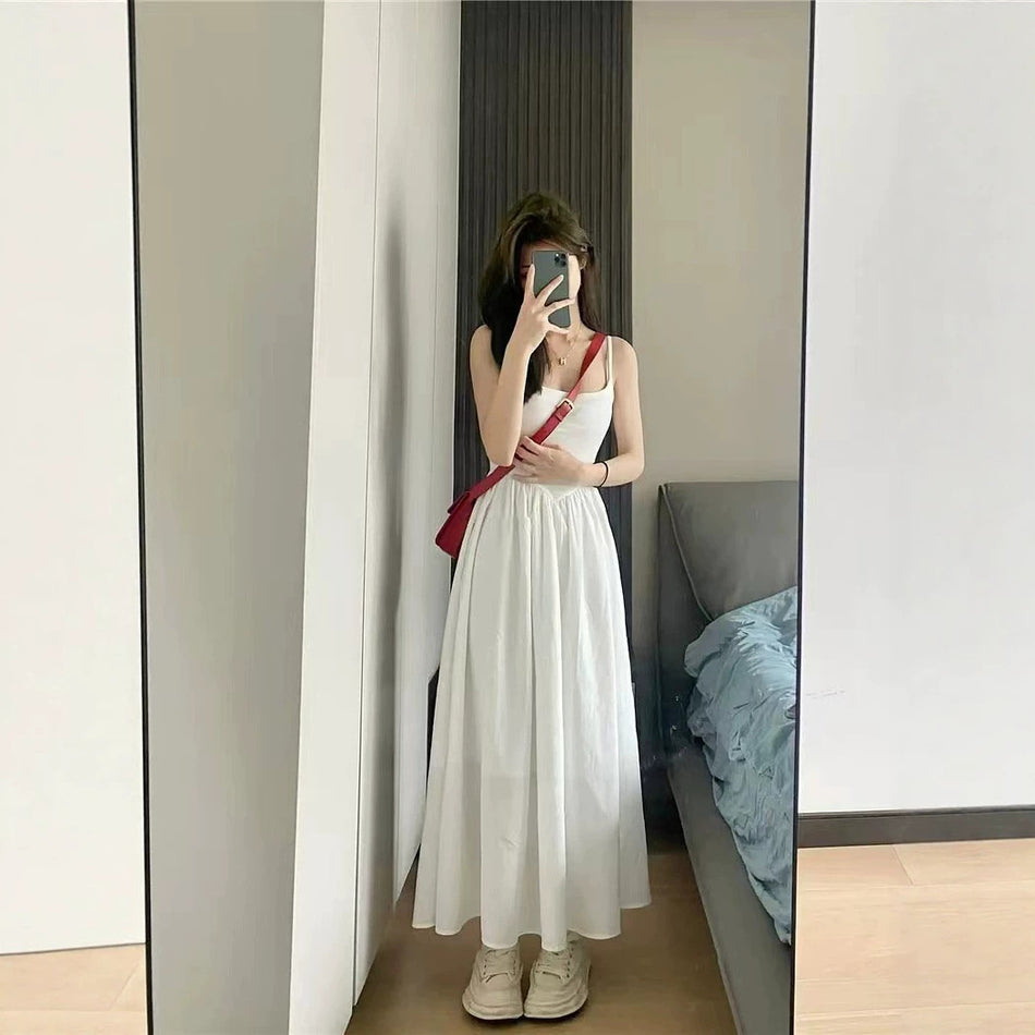 French White Slip Long Dress with Adjustable Straps