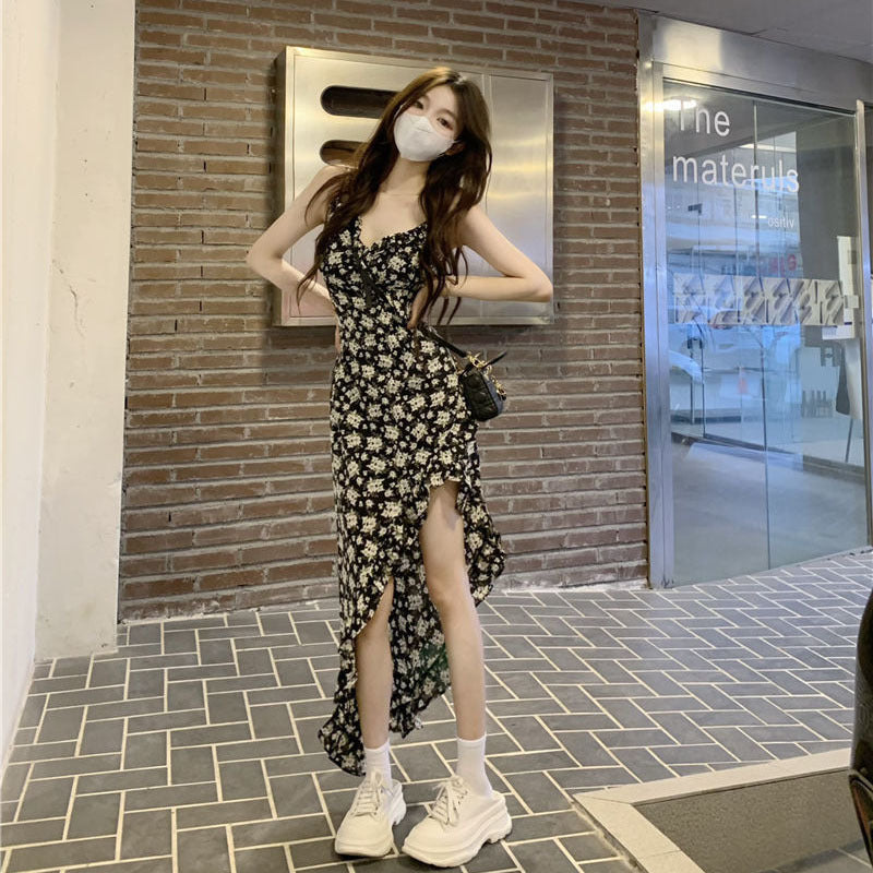 Retro Irregular Split Floral Sling Midi Dress