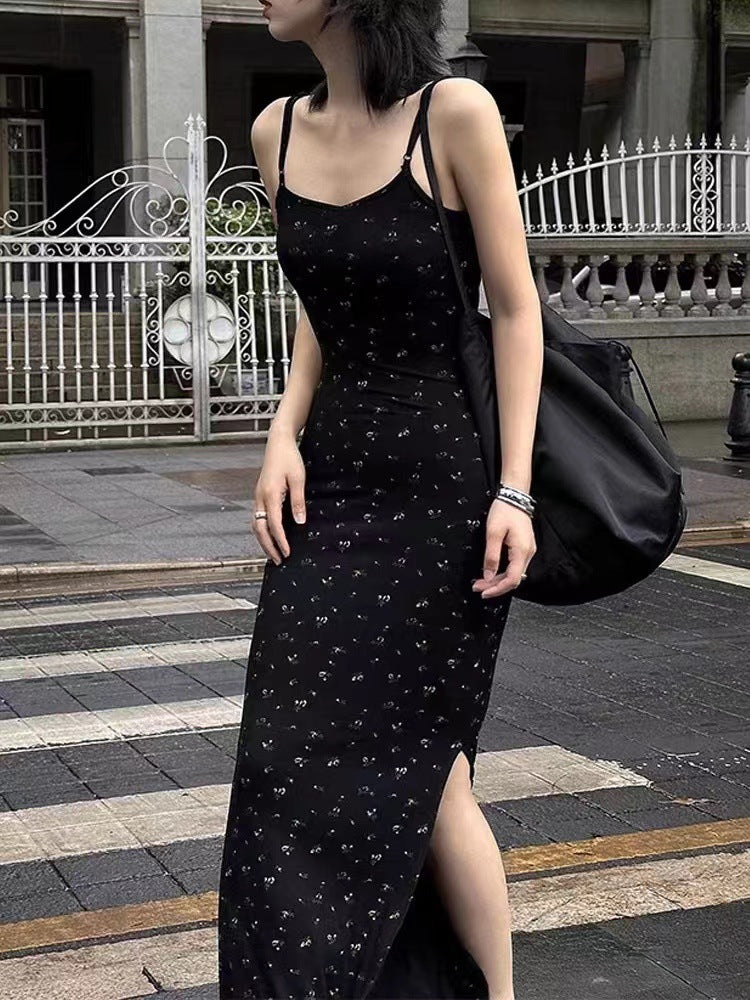 French Style Black Knitted Floral Slip Long Dress