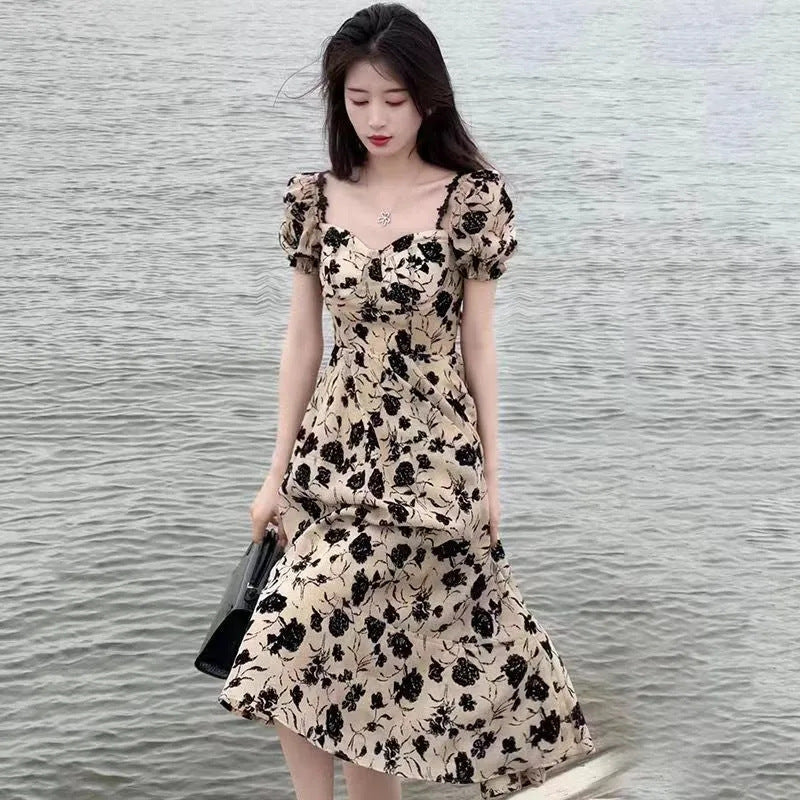 French Hepburn Style Dry Rose Floral Long Dress