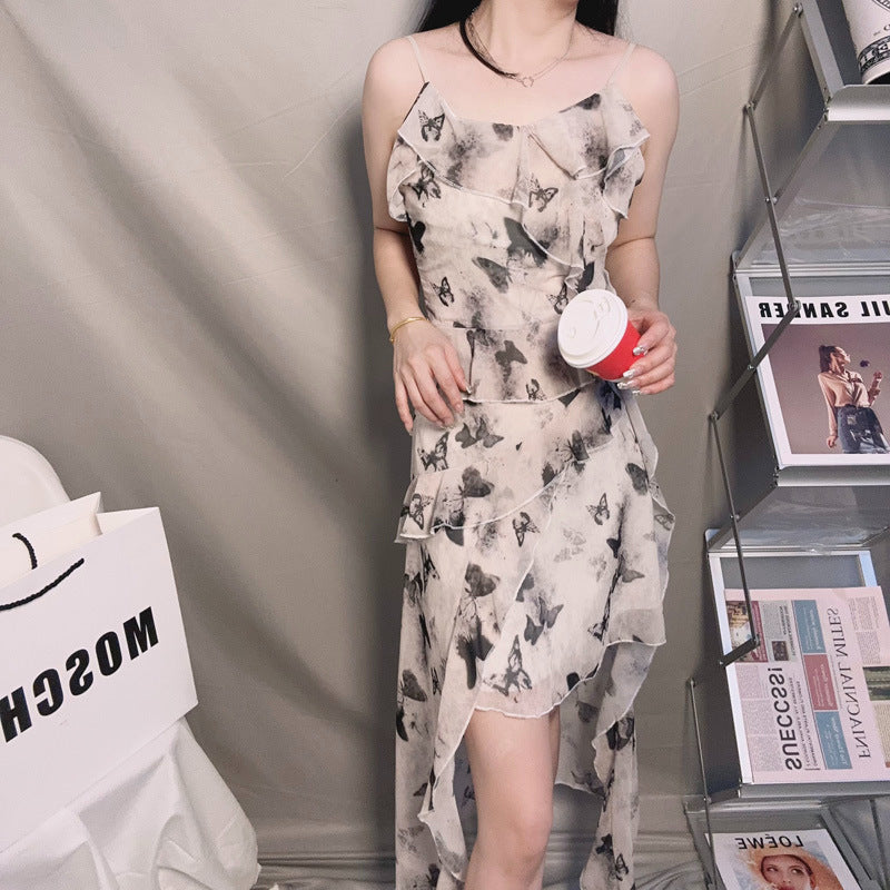 Floral Irregular Ruffle Slip Butterfly Midi Dress