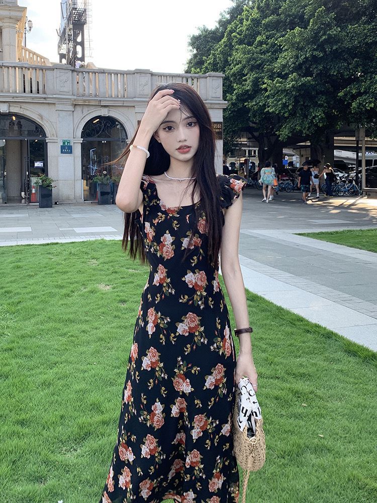 French Retro Flying Sleeve Floral A-Line Long Dress