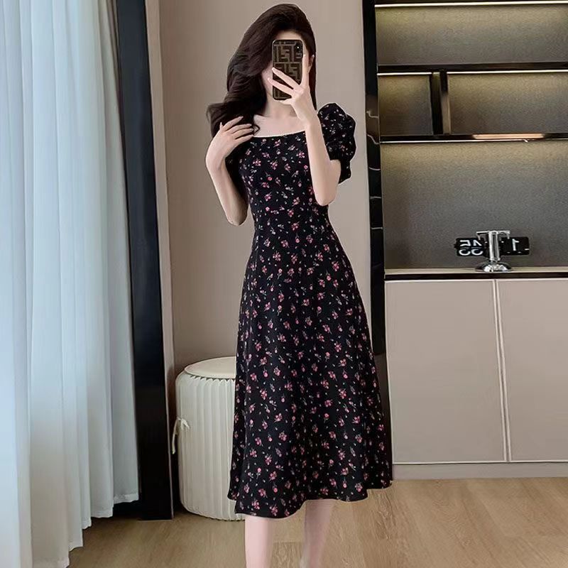 French Retro Puff Sleeve Split Floral Long Dress