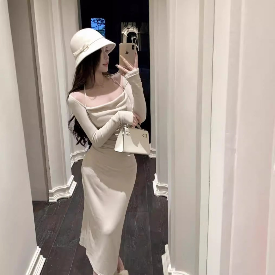 Elegant Square Neck Hip Wrap Knit Long Dress