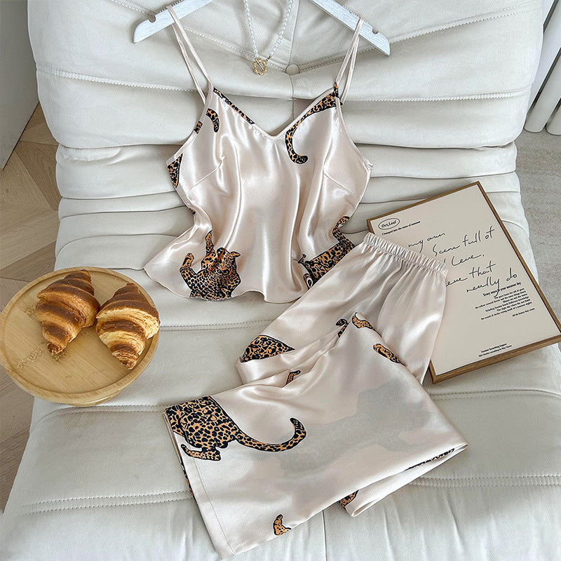 Leopard Print Faux Silk Pajama Set Women’s Loungewear