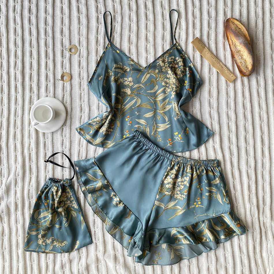 Women's Ice Silk Printed V-Neck Pajama Shorts Set