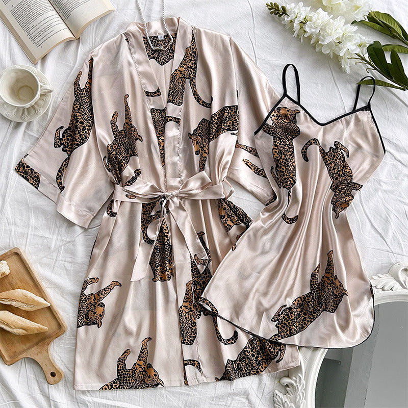 Women's Ice Silk V-Neck Sling Nightgown Pajama Set