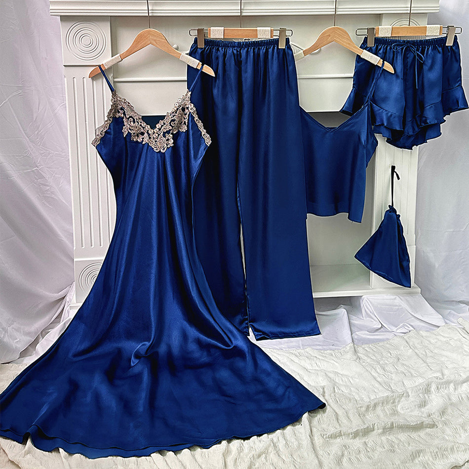 Women's Ice Silk Five-Piece Pajama Set Suspender Loungewear Suit