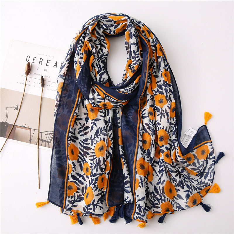Japanese Style Floral Cotton Linen Print Tassel Scarf Shawl