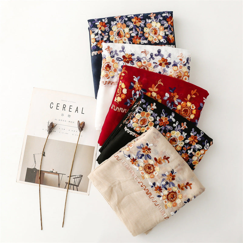 Women's Ethnic Embroidered Solid Color Cotton Linen Scarf Shawl