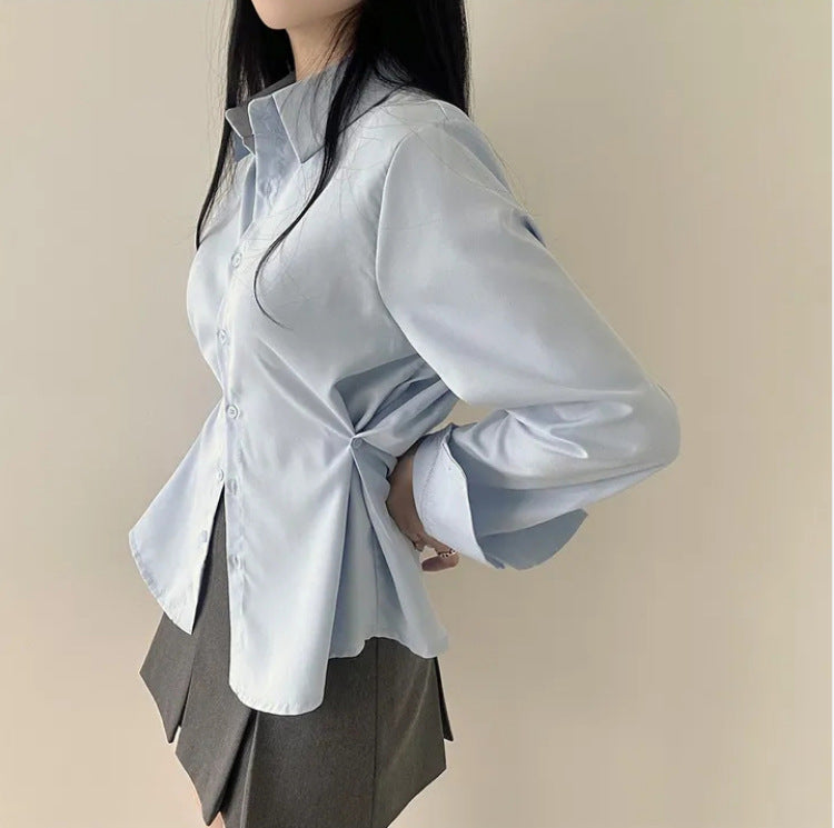 Women's Korean Style Waist-Cinching Lapel Long Sleeve Shirt