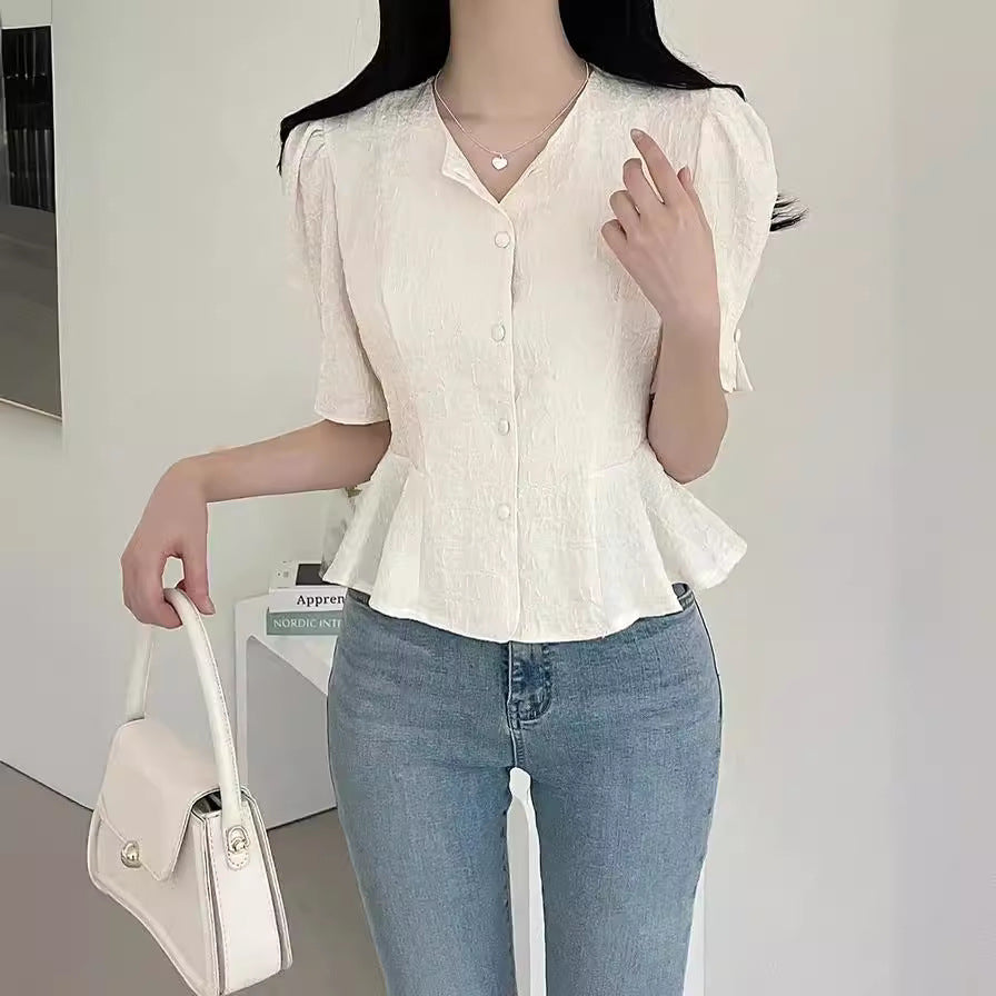 Women's French Style Jacquard Puff Sleeve Slim Fit Short Shirt