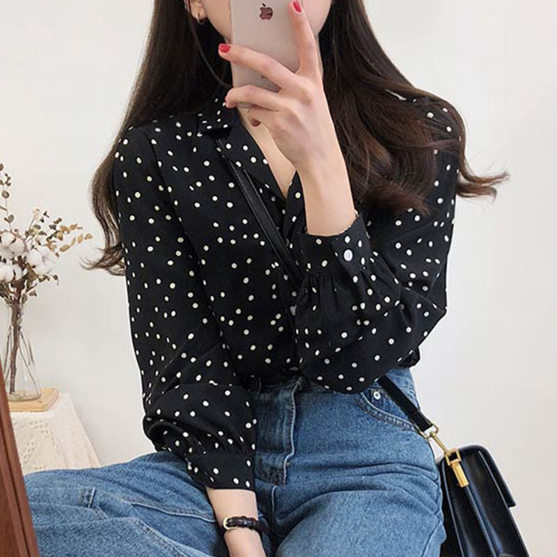 Women's Korean Style Polka Dot Chiffon Long Sleeve Shirt
