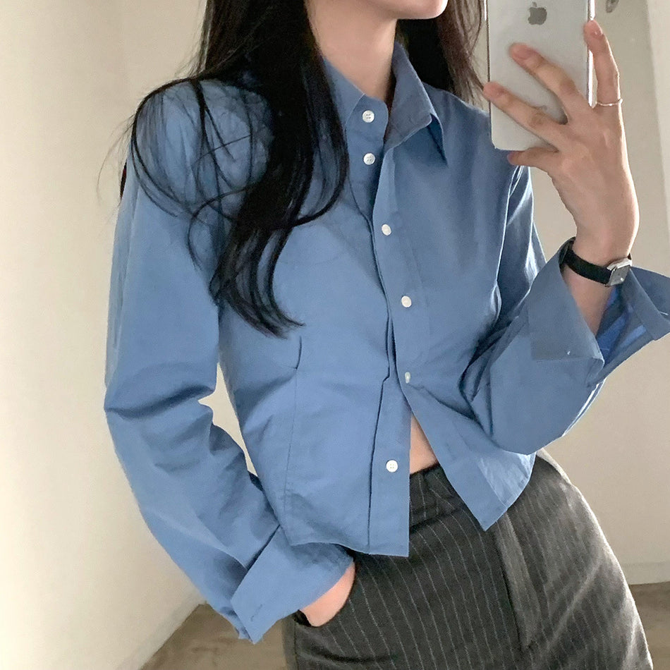 Women's Korean Style Waist-Cinching Short Lapel Long Sleeve Shirt