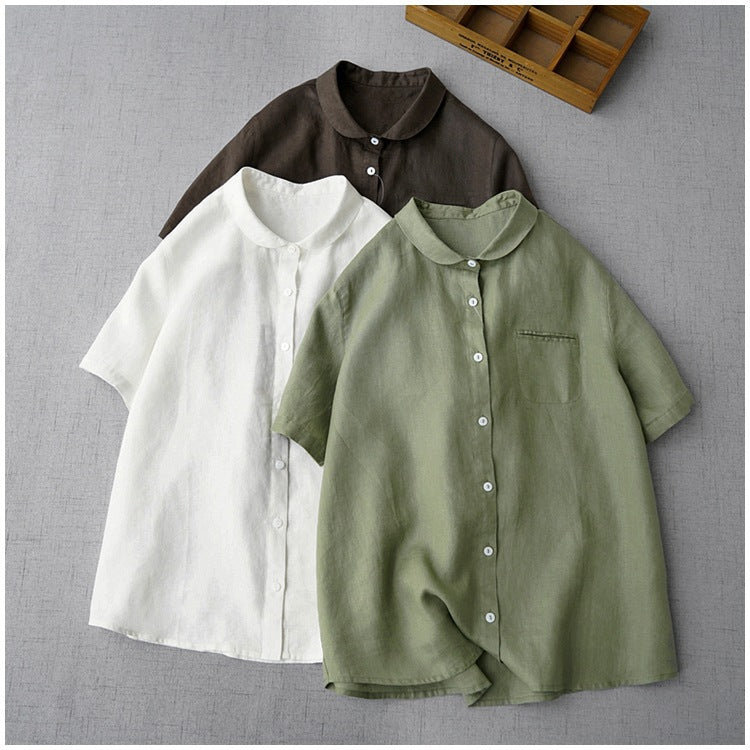 Women's Retro Hong Kong Style Cotton Linen Loose Lapel Short Sleeve Shirt