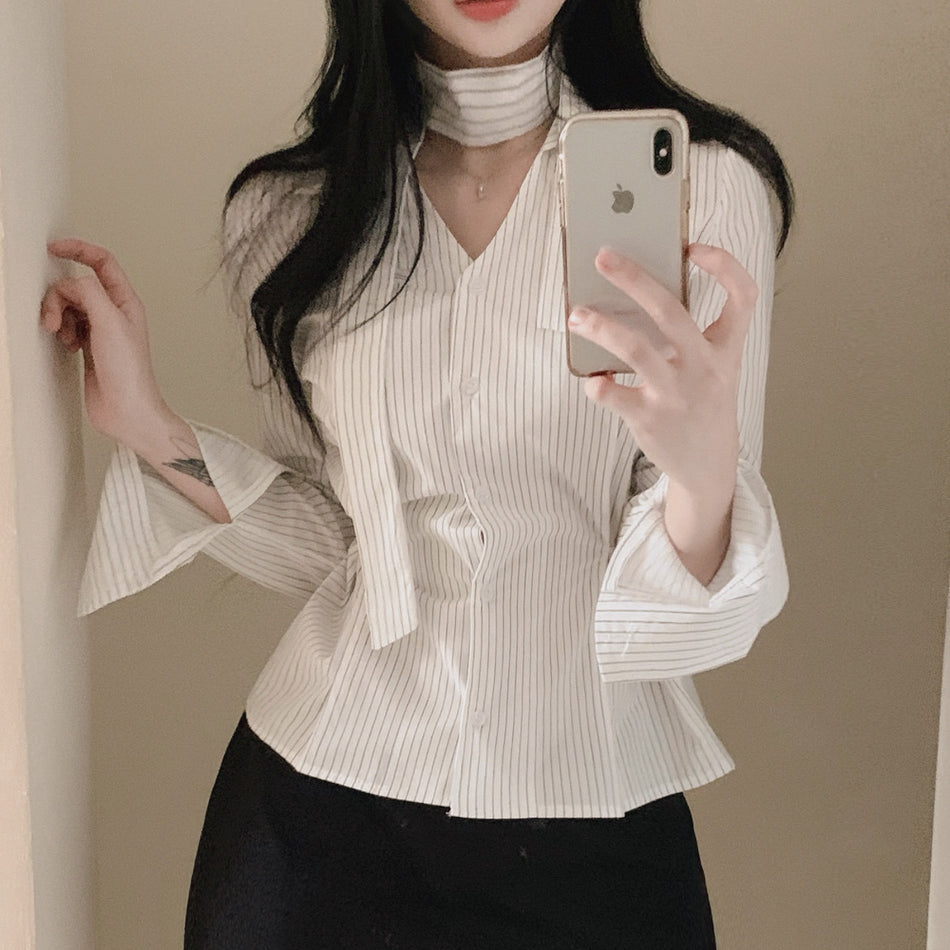 Women's Korean Style Striped V-Neck Tie Waist Slim Shirt