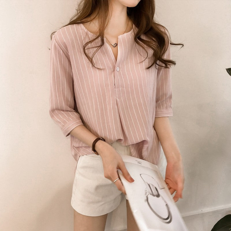 Women's Korean Style V-Neck Striped Loose Fit Casual Shirt