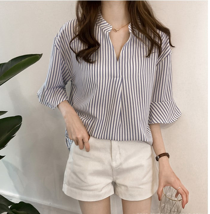 Women's Loose V-Neck Striped Three Quarter Sleeve Casual Shirt