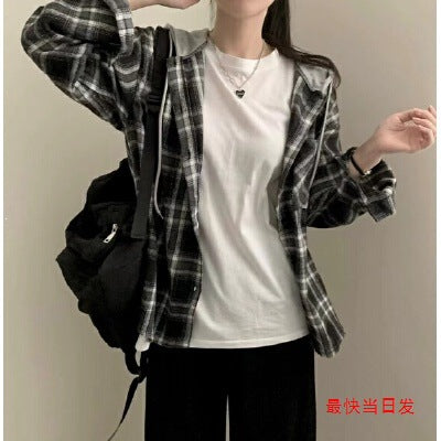 Women's Retro Plaid Hooded Shirt Jacket Loose Single-Breasted
