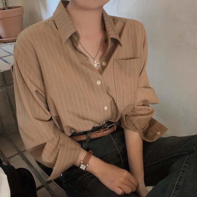 Women's Retro Striped Loose Lapel Shirt Long Sleeve Casual Top