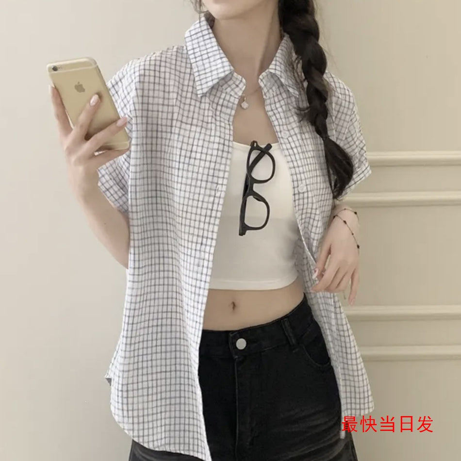 Women's Retro Plaid Lapel Short Sleeve Casual Shirt Top