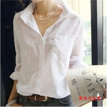 Women's Slim Fit White Long Sleeve Lapel Casual Shirt Top