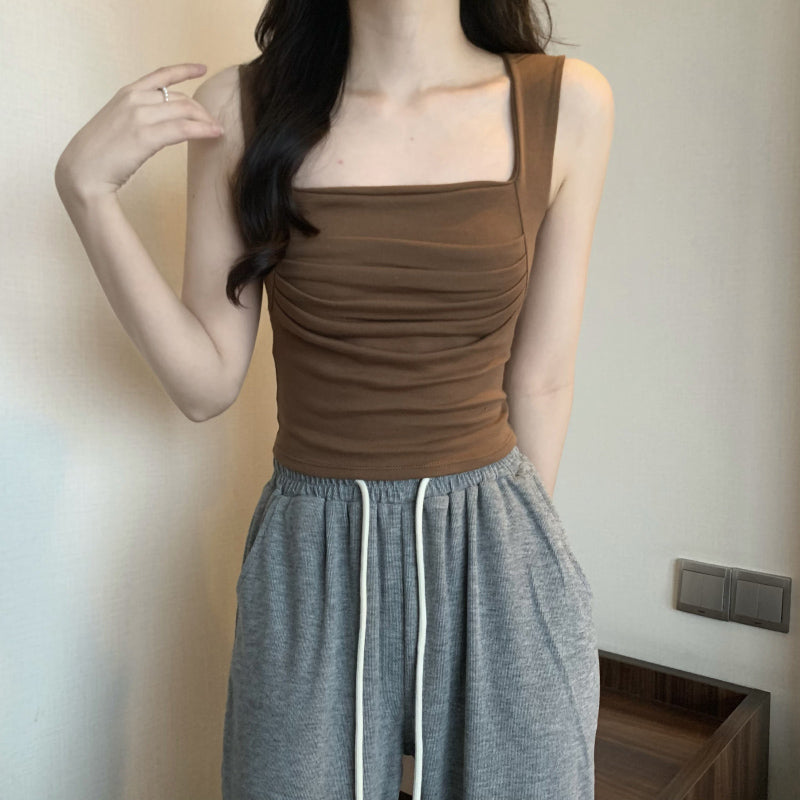 Women's French Style Pleated Wide Strap Camisole Top