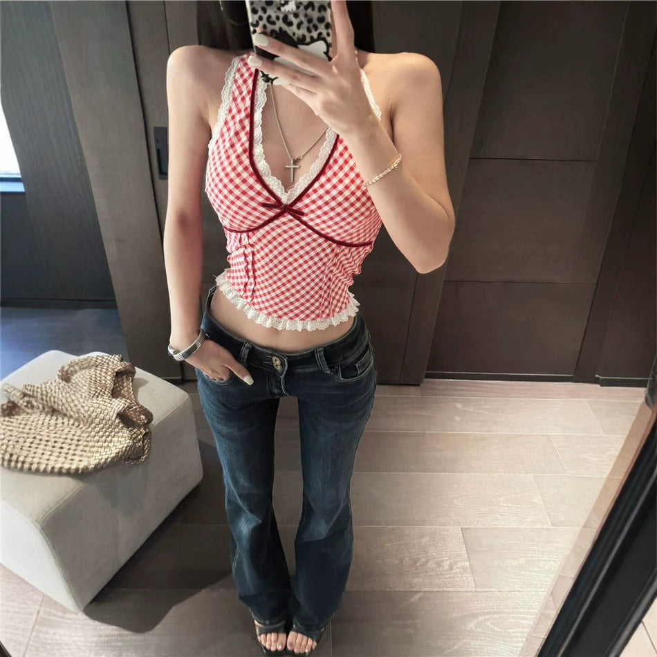 Women's Plaid Halter Backless Lace Camisole Crop Top