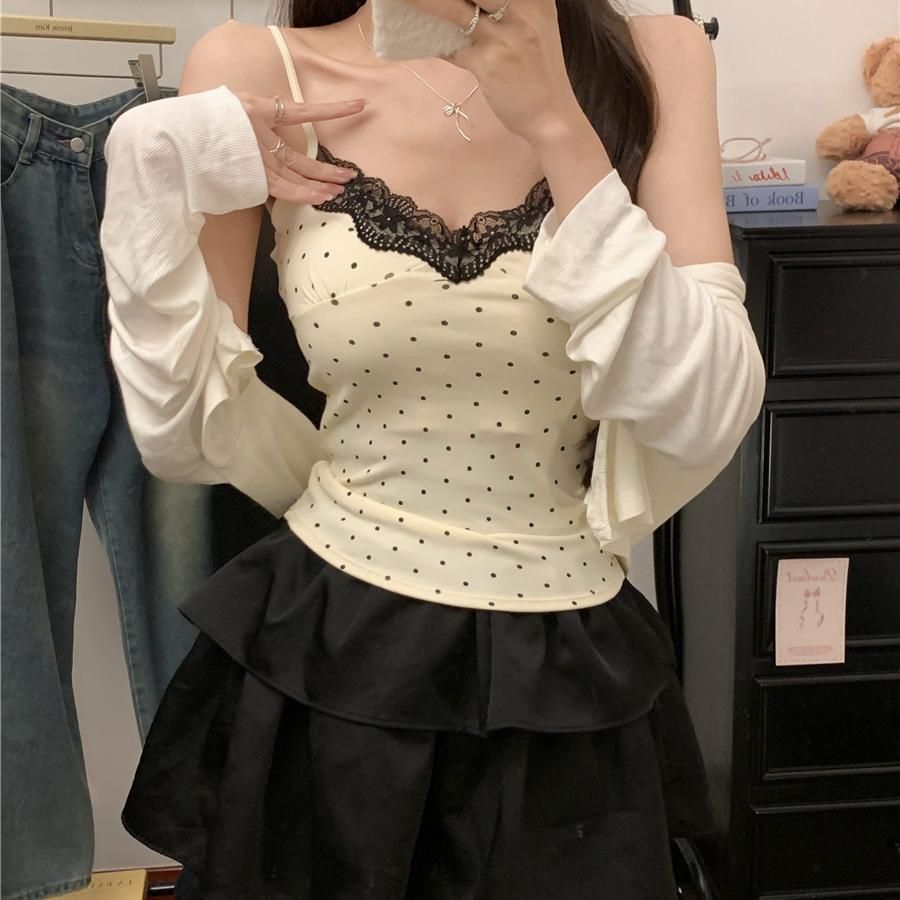 Women's Polka Dot Lace V-Neck Sleeveless Camisole Top
