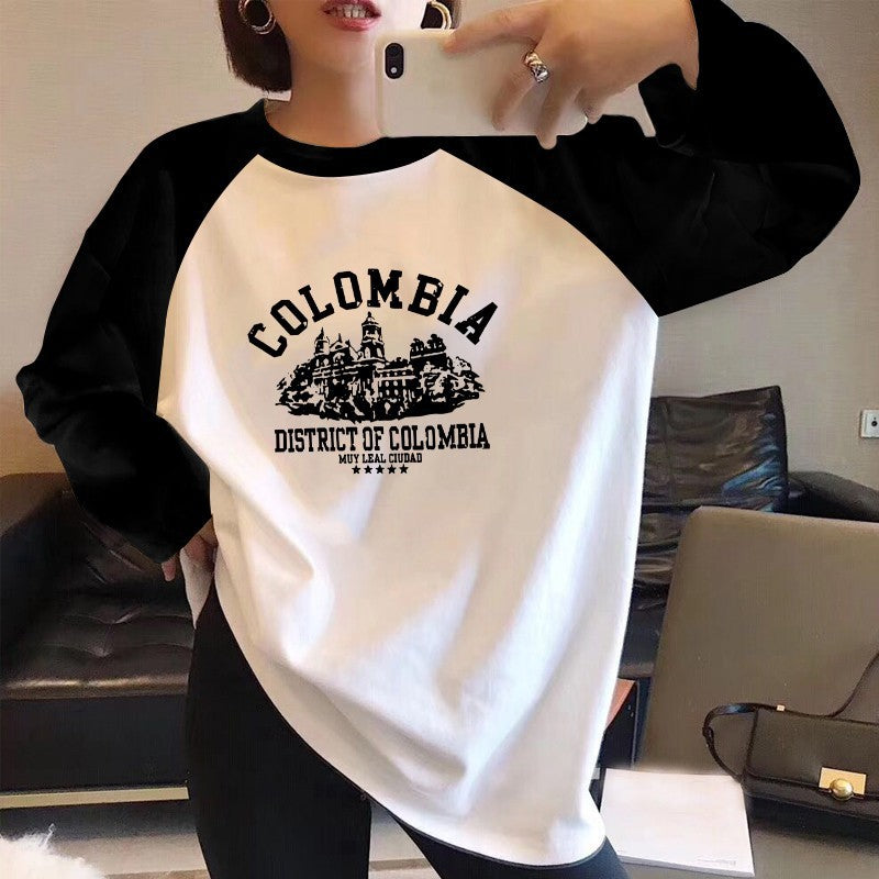 Women Cotton Raglan Color Block Long Sleeve Loose Casual Top