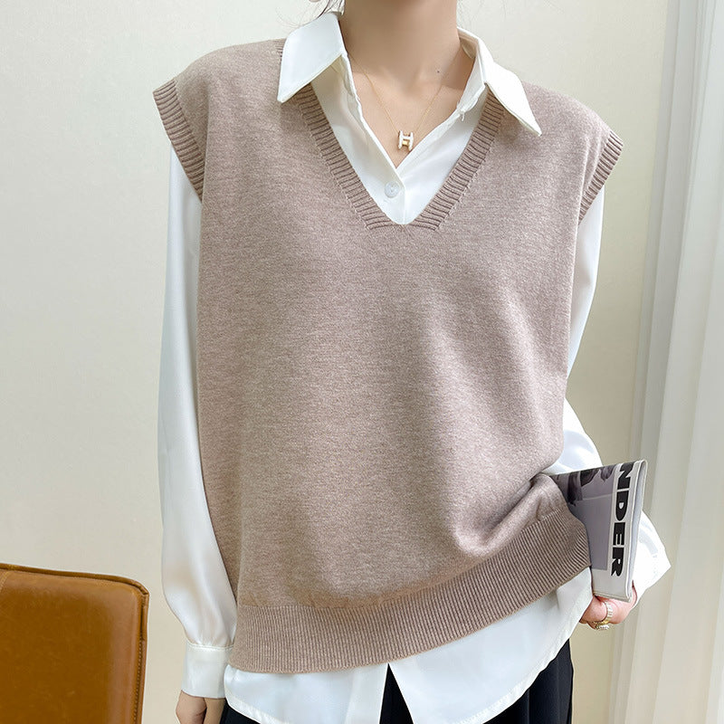 Women’s Korean Style V-Neck Knitted Vest Solid Pullover Top