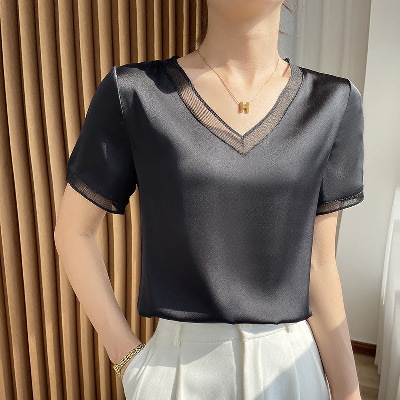 Women’s Sweetheart Collar Mesh Spliced Short Sleeve Summer Top