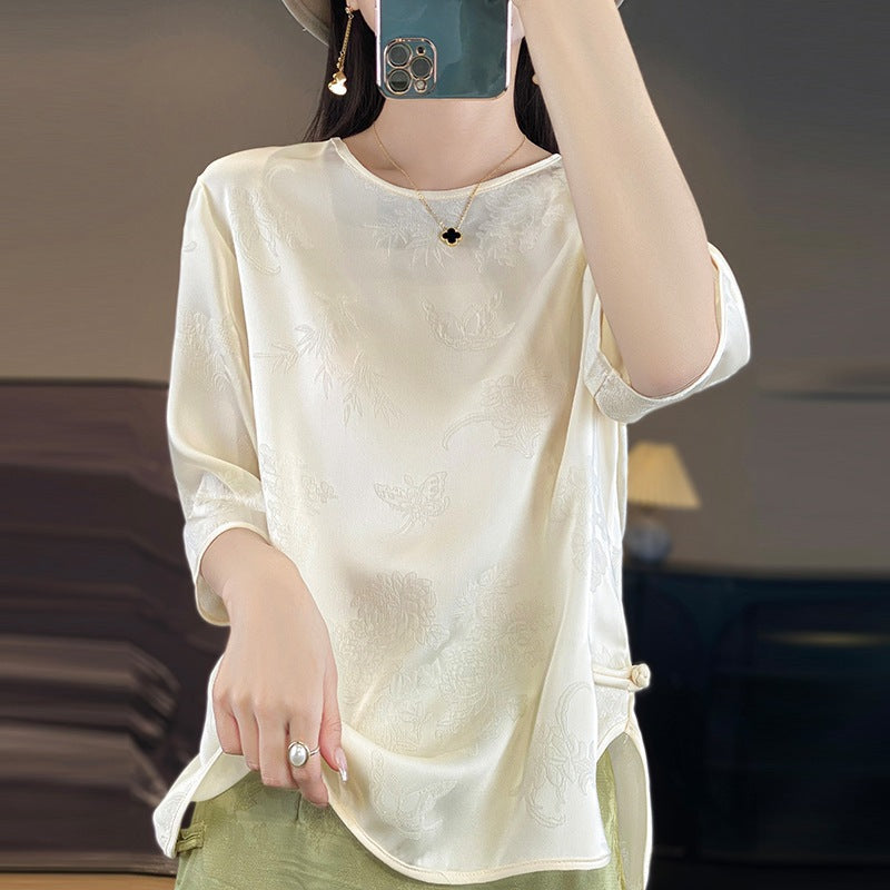 Women’s New Chinese Style Ice Silk Jacquard Round Neck Tee Top