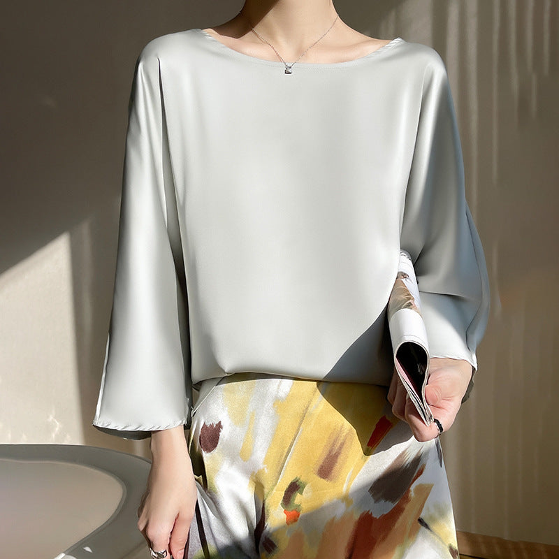 Women’s Ice Silk Loose Fit Round Neck Nine-Quarter Sleeve Top